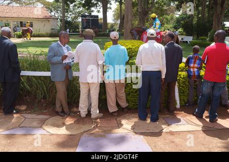 Spettatori che guardano i cavalli che vengono condotti attorno al ring della sfilata prima di una gara, Ngong Racecourse, Ngong Road, Nairobi, Kenya. 1 Mar 2015 Foto Stock