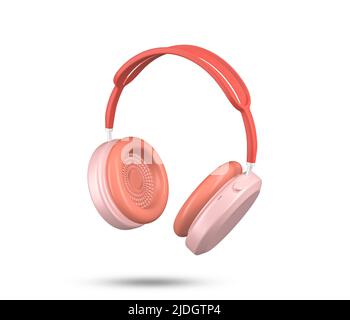 Icona auricolare 3D. Cuffie audio con dettagli rosa. cuffie wireless 3d dallo stile minimalista. Ascolta il gadget musicale. Strumenti musicali audio. Foto Stock