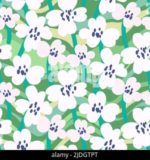 Audaci fiori bianchi su motivo verde primavera senza cuciture. Illustrazione Vettoriale