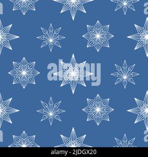 Natale, nuovo anno senza cuciture pattern, fiocchi di neve su blu. Icone vettoriali di vacanze invernali, stagione fredda nevicate Illustrazione Vettoriale