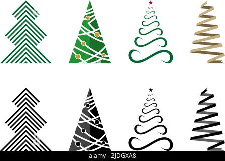 Albero di Natale. Set ofOur alberi astratti in nero e colorato. Sfondo bianco. Ornamento di Natale come vettore. Illustrazione Vettoriale