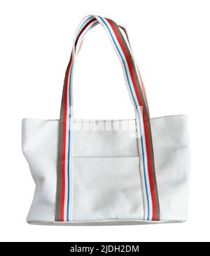 borsa tote artigianale con tasca in pelle bianca e ampi manici con cinturino in cotone tagliati su sfondo bianco Foto Stock