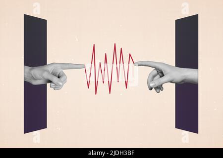Foto grafica collage minimo di palme braccia che puntano mostrando heartbeat caso isolato disegno sfondo beige Foto Stock