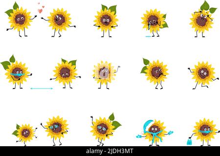 Carattere di girasole con emozioni felici o tristi, panico, volto amorevole o coraggioso, mani e gambe. Pianta persona con maschera, occhiali o cappello. Illustrazione piatta vettoriale Illustrazione Vettoriale
