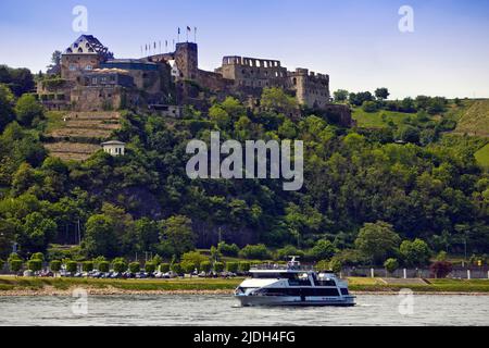Castello di Rheinstein, parte del sito patrimonio dell'UNESCO gola del Reno con nave passeggeri sul Reno, Germania, Renania-Palatinato, Trechtingshausen Foto Stock