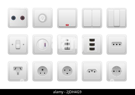 Presa e interruttore. Apparecchiature di alimentazione CA realistiche, prese di corrente elettrica a muro di diversi tipi, europee e USA. Set isolato vettoriale Illustrazione Vettoriale