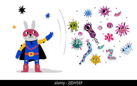 Hare supereroe lotta con batteri. Hero animale protegge contro virus e microbi. Coniglio in mantello e maschera. Protezione da agenti patogeni super. Medicina Illustrazione Vettoriale