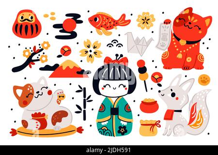 Giocattoli fortunati tradizionali giapponesi. Simboli culturali asiatici. Bambola Kokeshi. Kitsune e maneki neko Cat. Mascotte nazionali cute. Ricchezza e benessere Illustrazione Vettoriale