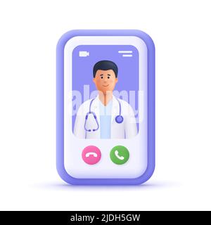Dottore online sull'app per smartphone. Clinica medica online, telemedicina, assistenza sanitaria online e consulenza medica. 3d vettore persone carattere i Illustrazione Vettoriale