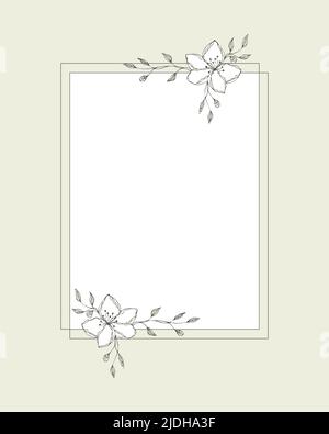 Cornice decorativa per matrimonio, vacanza, congratulazioni, invito, foto, rettangolare, con disegno a mano di germogli di fiori. Illustrazione vettoriale Illustrazione Vettoriale