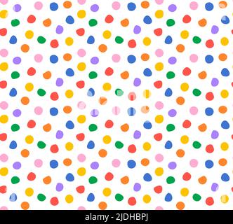 Variopinto motivo vettoriale a pallini a colori. Blu, arancione, giallo, rosa, viola, punti verdi, rossi con bordi testurizzati isolati su bianco Illustrazione Vettoriale