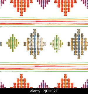 Effetto punto ikat e motivo senza giunture vettore striscia grunge. Sfondo a forma di diamante lavorato a mano. Sfondo rhombus. Arte popolare Illustrazione Vettoriale