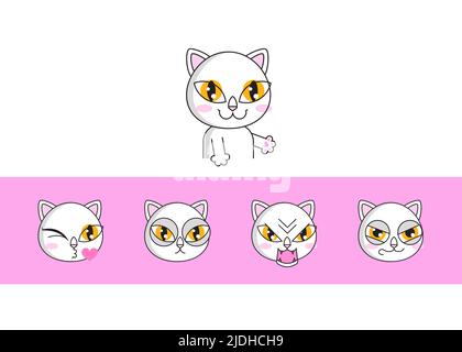 Espressione del volto Cat. Adesivo bianco del set di facce del gatto Illustrazione Vettoriale