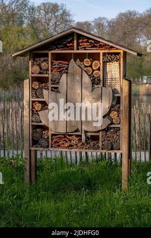 Casa di insetti nel giardino. Bug hotel al parco con piante e fiori in Svizzera. Protezione. Foto Stock