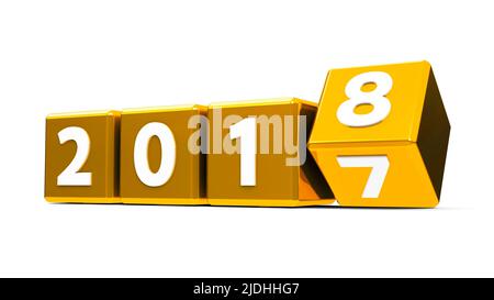 I cubi dorati con 2017-2018 modifiche su una tavola bianca rappresentano il nuovo 2018, rendering tridimensionale, illustrazione 3D Foto Stock