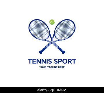 Design del logo del gioco di sport tennis. Palla da tennis e racchette. Sport e stile di vita sano. Concetto sportivo individuale competitivo. Il concetto di outdoor. Illustrazione Vettoriale