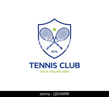 Design con logo tennis club. Logo racchette da tennis con disegno e illustrazione vettoriale minimalista. Illustrazione Vettoriale