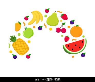 colori brillanti cerchio sfondo con frutta. con spazio di copia per il testo. Frutta regolata è ananas, mango, Illustrazione Vettoriale