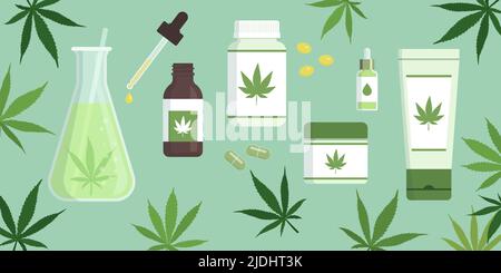 Cosmesi di canapa, olio di cbd e medicina di cannabis con foglie di canapa Illustrazione Vettoriale