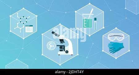 Ricerca scientifica e tecnologie innovative: Attrezzature e concetti di laboratorio in un ambiente di realtà virtuale Illustrazione Vettoriale
