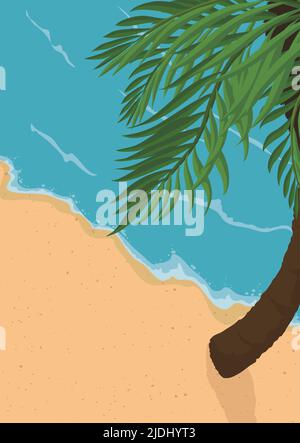 Vista tropicale della costa con tranquille onde nel mare, sabbia e palme. Design in stile cartone animato. Illustrazione Vettoriale