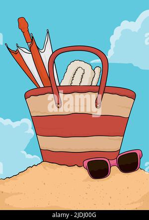 Disegno verticale con oggetti per l'estate in spiaggia: Ombrello e asciugamano in borsa e occhiali da sole sulla sabbia. Illustrazione Vettoriale
