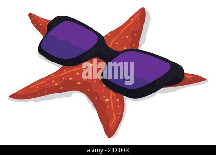 Scena divertente di stelle marine rosse e avvistate indossando occhiali da sole giganti. Design in stile cartoon isolato su sfondo bianco. Illustrazione Vettoriale