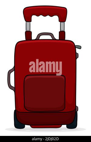 Valigia rossa con tasche, cerniera e leva manuale per tirarla. Design in stile cartoon e contorni, su sfondo bianco. Illustrazione Vettoriale
