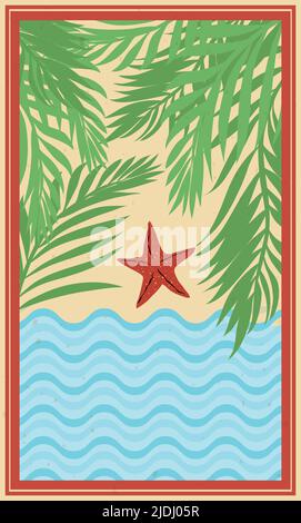 Design verticale stagionale con vista estiva di stelle marine, sabbia, onde oceaniche e foglie di palma. Illustrazione Vettoriale