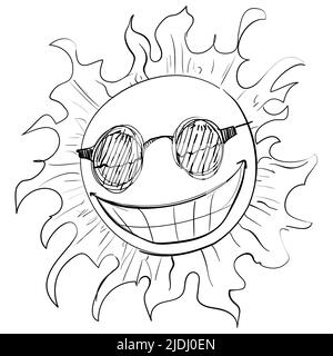 Divertente schizzo di sole coricante e sorridente con gesto fresco, indossando occhiali da sole. Illustrazione Vettoriale