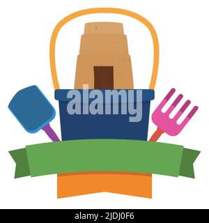 Design in stile piatto con template di nastri vuoti e giocattoli da spiaggia pronti per giocare con loro: Pala, rastrello, secchio con cordino e castello di sabbia. Illustrazione Vettoriale