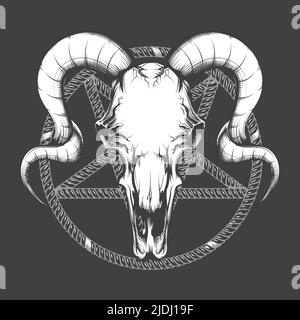 Simbolo occulto del cranio di Goat contro Pentagram isolato su nero. Illustrazione vettoriale. Illustrazione Vettoriale