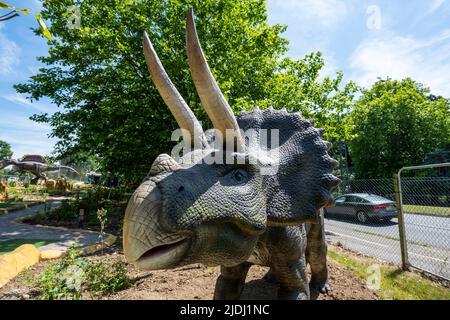 Londra, Regno Unito. 21 giugno 2022. I tocchi di rifinitura sono fatti a Jurassic Island, un campo da golf pazzo a tema dinosauro, che è stato costruito a Harrow. I dinosauri a grandezza naturale sono intervallati tra le buche del campo da golf che apre al pubblico il 2 luglio. Credit: Stephen Chung / Alamy Live News Foto Stock