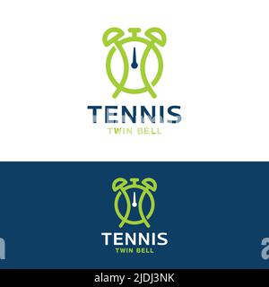 Modello di design con logo e doppio Bell Tennis Time. Adatto per Tennis Ball Planner Competition Match Championship o Tennis Business Company Brand App Illustrazione Vettoriale