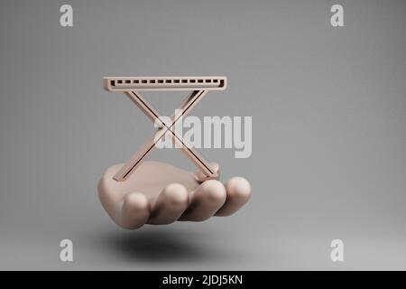 Belle illustrazioni astratte Golden Hand Holding musical Synthesizer con icona del simbolo di supporto su sfondo grigio. 3d illustrazione del rendering. Bac Foto Stock