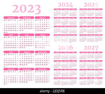 Set di modelli di calendario mensili per 2023, 2024, 2025, 2026, 2027 anni. La settimana inizia il lunedì. Calendario di layout di pagina in stile minimalista. Verticale Illustrazione Vettoriale