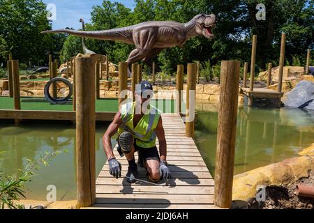 Londra, Regno Unito. 21 giugno 2022. I tocchi di rifinitura sono fatti a Jurassic Island, un campo da golf pazzo a tema dinosauro, che è stato costruito a Harrow. I dinosauri a grandezza naturale sono intervallati tra le buche del campo da golf che apre al pubblico il 2 luglio. Credit: Stephen Chung / Alamy Live News Foto Stock