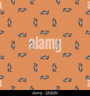 Scarpe da calcio con motivo senza cuciture. Sfondo vintage tema sportivo in stile disegnato a mano. Tessuto vettoriale a disegno ripetuto per stampa, tessuto, wrapp Illustrazione Vettoriale