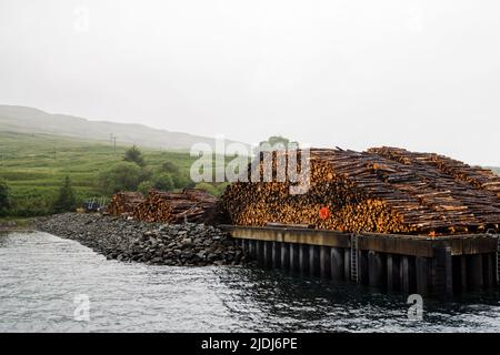Pile impilate di legname tagliato sulla riva in attesa di spedizione a Fishnish Bay sul Sound of Mull, Isola di Mull, Scozia Foto Stock