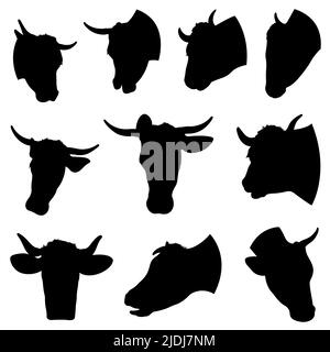 Illustrazione di teste di vacca diverse isolate su bianco Foto Stock