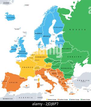 Sottoregioni europee, mappa politica. Geospeme, che suddivide il continente europeo in Europa orientale, settentrionale, meridionale e occidentale. Foto Stock