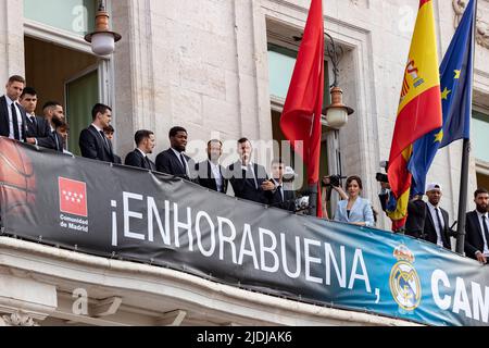 Real Madrid. Celebrazione. Celebrazione della squadra di pallacanestro di Madrid nella Coppa del campionato. Giocatori come Rudy Fernández o Sergio Llull. Foto Stock