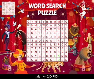 Cartoni animati e animali sul palcoscenico di shapito circus, puzzle di ricerca di parole vettoriali. Foglio di lavoro del gioco o griglia del quiz dei capretti per trovare le parole del clown di esposizione del circo, illusionist del mago, ginnasta e leone Illustrazione Vettoriale