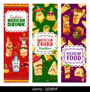 Cartoon messicano cibo e bevande personaggi, banner vettoriali di fiesta. Festa messicana con divertente cartone animato mariachi burrito in sombrero, taco con chitarra e tequila con baffi Illustrazione Vettoriale