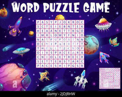 Veicolo spaziale UFO, navette per le stelle marine nello spazio galassico, puzzle di ricerca di parole, foglio di lavoro del gioco vettoriale. Quiz di parole o griglia di indovinelli per i bambini per cercare e trovare parole di fantastici razzi galassici, pianeti e UFO alieno Illustrazione Vettoriale