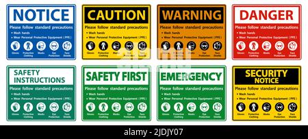 Attenersi alle precauzioni standard, lavarsi le mani, indossare dispositivi di protezione individuale DPI, guanti, mascherine di protezione per gli occhi, protezione per il viso Illustrazione Vettoriale
