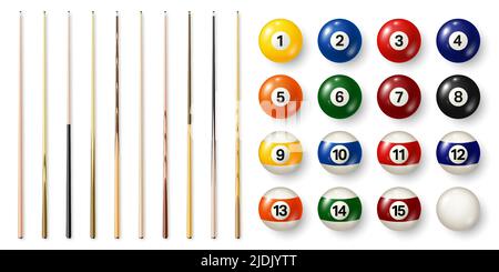 Palline da biliardo colorate con numeri e vari spunti da piscina. Palla snooker lucida. Attrezzature sportive. Illustrazione vettoriale. Illustrazione Vettoriale