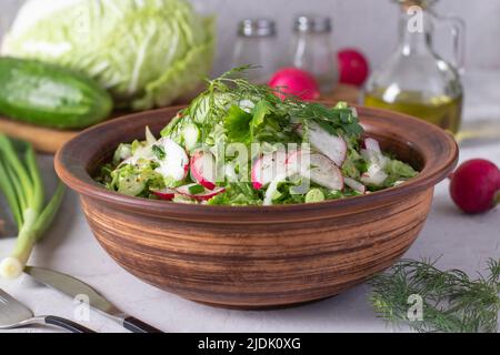 Insalata con cavolo cinese, cetrioli, ravanelli e cipolline verdi, condita con olio d'oliva, primo piano Foto Stock