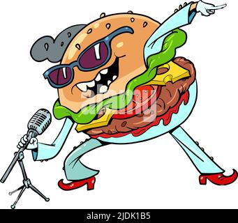 Fast food Burger canta sul palco, cantante d'artista. Musica e cibo Illustrazione Vettoriale
