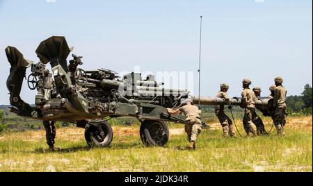 U.S. Army Georgia National Guardsmen con la Savannah-based Charlie Battery 1st Battaglione, 118th artiglieria Regiment, 48th Fanteria Combat Team spostare un M777 trainato 155 mm howitzer in posizione durante un esercizio di fuoco diretto durante l'exportable Combat Training Capabilities (XCTC) a Fort Stewart, Georgia, 20 giugno 2022. XCTC è il programma di record della Guardia Nazionale dell'Esercito degli Stati Uniti che consente alle squadre di combattimento delle brigate di raggiungere la preparazione di platoon addestrato necessaria per dispiegare, combattere e vincere battaglie in tutto il mondo. L'esercizio XCTC includerà circa 4.400 membri del personale delle brigate da t Foto Stock